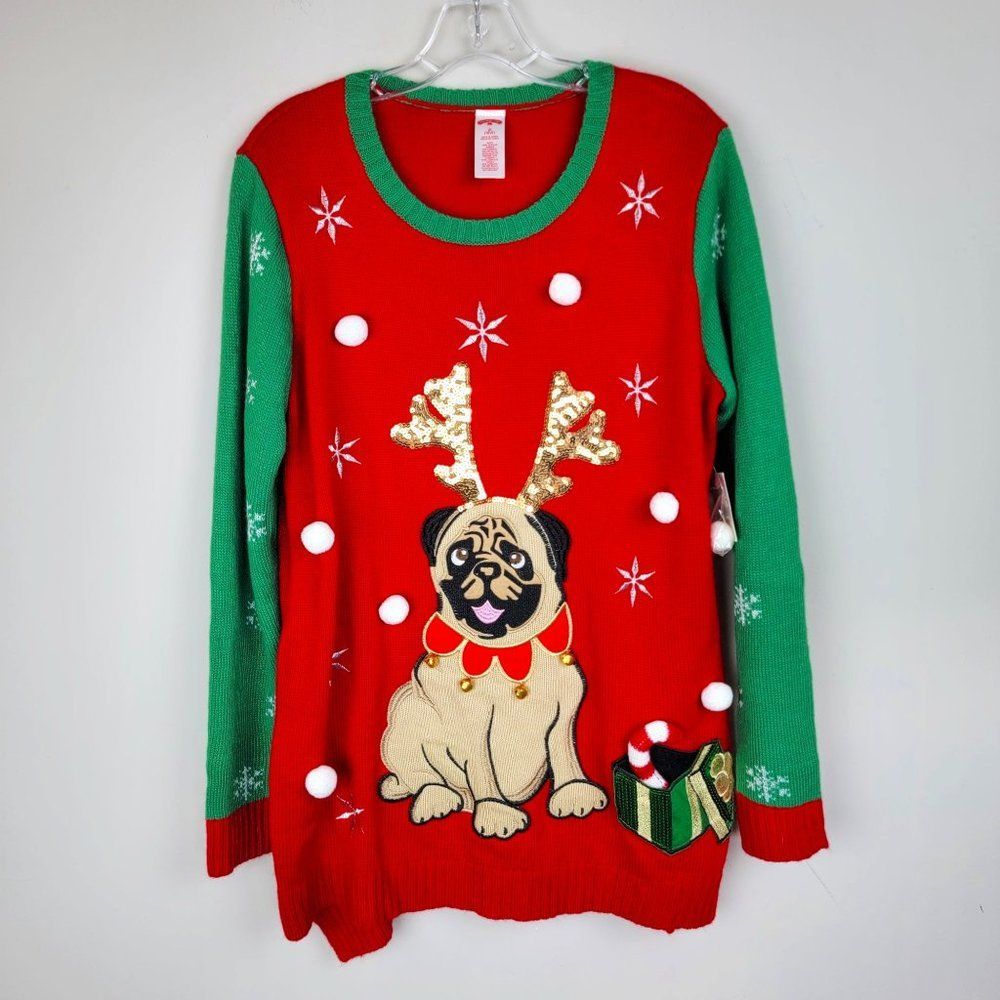 Holiday Time Green Red Christmas Bull Dog Bell Embroidered Sequins Sweater 16W